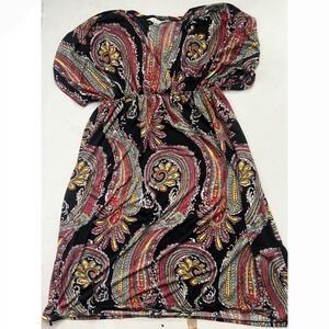 5th Love Women Paisley Boho Empire Waist V-Neck Mini Dress Black Red Large
